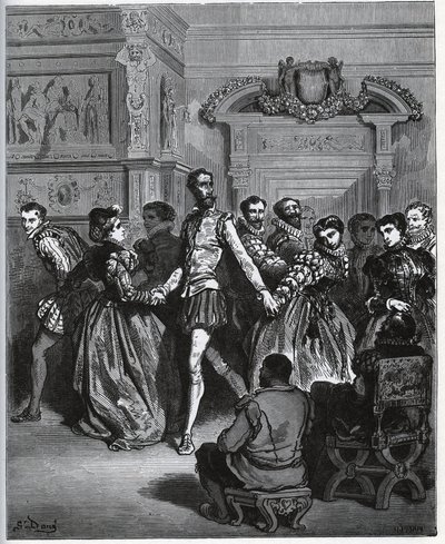 Soirée organisée après Don Antonio. Don Quichotte découvre sans apprécier les plaisirs de la danse - de "Don Quichotte de la Manche" de Miguel Cervantes - Gustave Dore