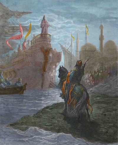 Quatrième croisade - Alexis V Doukas Murzuphle (1140-1204) - Murzuflo (Alessio Ducas) négociant avec le Doge Enrico Dandolo (1107-1205), en 1204. gravure de Gustave Doré (1832-1883) de l