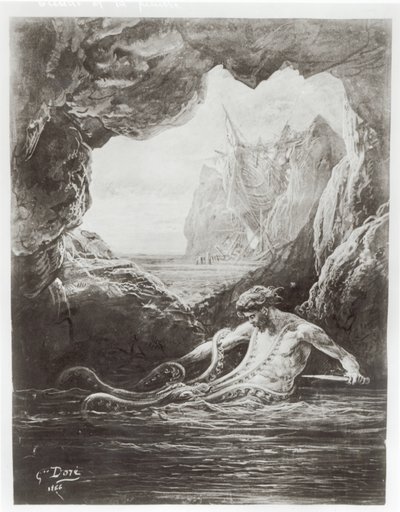 Gilliatt lutte avec le poulpe géant, illustration de 