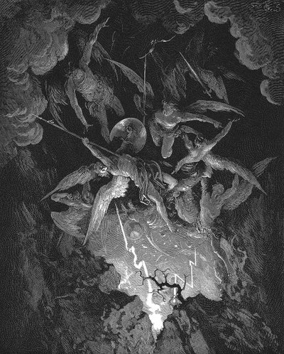 Illustration de Gustave Doré pour le poème épique de John Milton, Le Paradis perdu (1667) Livre VI. Les anges rebelles tombent dans l