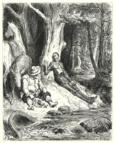 Don Quichotte de Gustave Doré : "Une fontaine claire, que Don Quichotte et Sancho trouvèrent parmi des arbres verdoyants, leur servit à se rafraîchir" - Gustave Dore