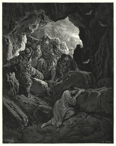 Don Quichotte de Gustave Doré : "Un groupe avec des officiers est envoyé ... qui trouve la pauvre Leandra dans une grotte de l