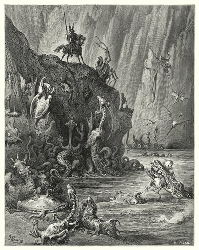 Don Quichotte de Gustave Doré : "Un vaste lac de poix bouillante, dans lequel une multitude infinie de créatures féroces et terribles traversent en arrière et en avant" - Gustave Dore