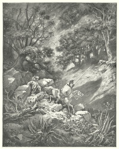 Don Quichotte de Gustave Doré : "Mais priez, monsieur," dit Sancho, "est-ce une bonne loi de chevalerie qui dit que nous devons errer de haut en bas, à travers les buissons et les ronces, dans ce désert rocheux?" - Gustave Dore
