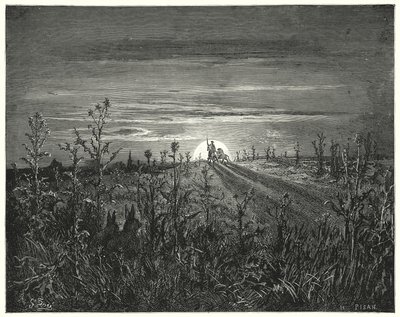Don Quichotte : "Ami Sancho," dit Don Quichotte, "je trouve que la nuit approchante nous surprendra avant que nous puissions atteindre Toboso" (gravure) - Gustave Dore
