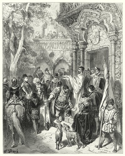 Don Quichotte de Gustave Doré : "Il baisa la main du duc et de la duchesse en partant, et reçut la bénédiction de son maître" - Gustave Dore