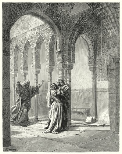 Don Quichotte de Gustave Doré : "Son père vint précipitamment vers nous et, voyant sa fille dans cet état, lui demanda ce qui se passait" - Gustave Dore