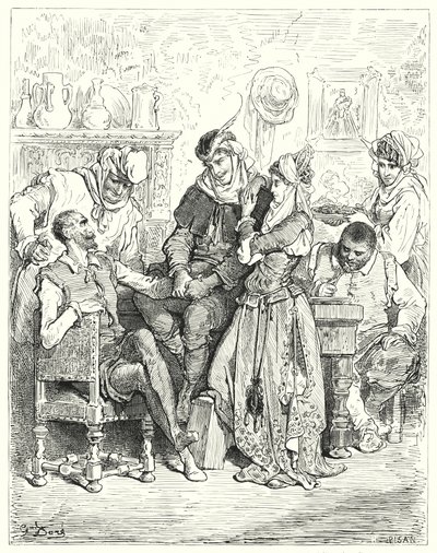 Don Quichotte : "Sancho et son maître restèrent trois jours avec le jeune couple et furent traités comme des princes" (gravure) - Gustave Dore