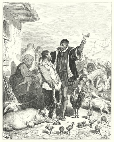 Don Quichotte de Gustave Doré : « Le chevalier lui fit tant de belles promesses que le pauvre niais consentit enfin à le suivre et à devenir son écuyer » - Gustave Dore