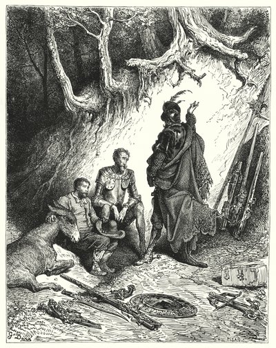 Don Quichotte de Gustave Doré : "Les écuyers laissèrent Don Quichotte, Roque et Sancho attendre leur retour" - Gustave Dore