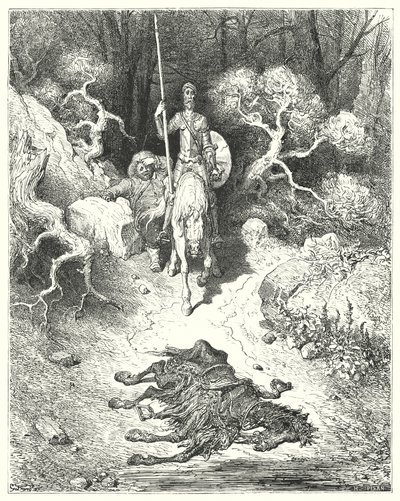 Don Quichotte de Gustave Doré: "Ils arrivèrent à un parc, où ils trouvèrent une mule morte" - Gustave Dore