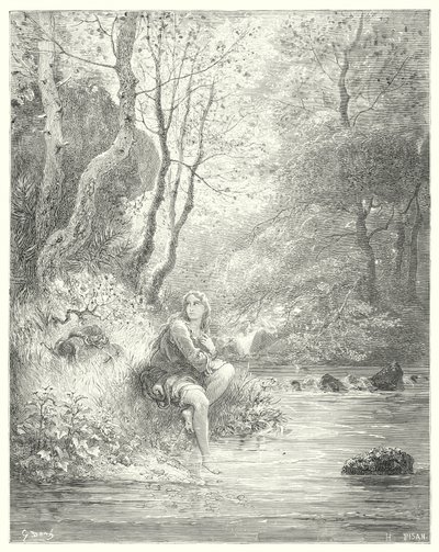 Don Quichotte de Gustave Doré : "Ils aperçurent un jeune homme en habit de campagne, assis au pied d
