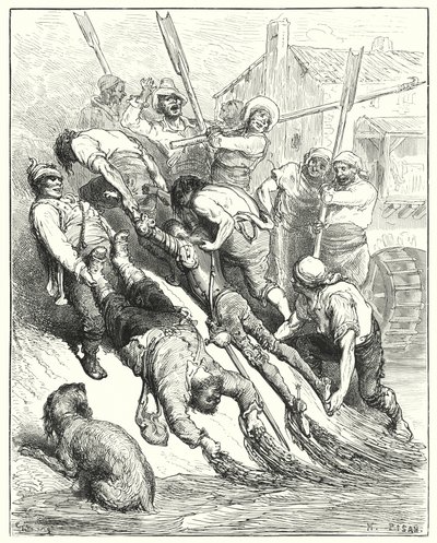 Don Quichotte de Gustave Doré : "Ils furent tous deux tirés à terre, plus trempés que assoiffés" - Gustave Dore