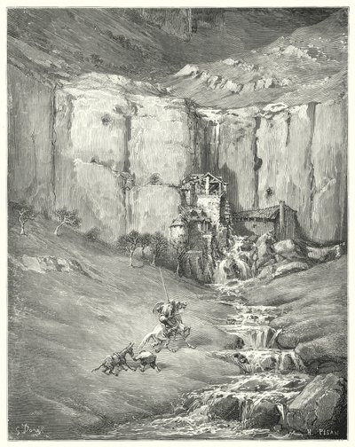 Don Quichotte de Gustave Doré : "Quand ils se rapprochèrent, même Rozinante lui-même sursauta au son effroyable" - Gustave Dore