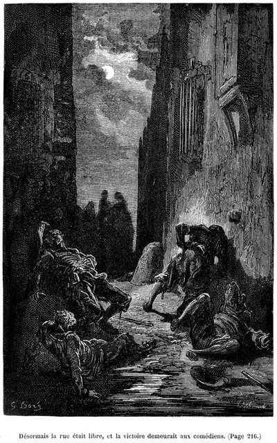 Illustration par Gustave Doré pour le roman de Théophile Gautier "Le Capitaine Fracasse" - Édition Charpentier 1883, pratiquement identique à la première édition illustrée par G. Doré chez le même éditeur en 1866. Chapitre "Épée, bâton et autres aventures" - Gustave Dore