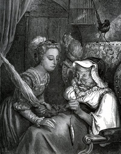 Illustration de Gustave Doré pour un conte de Charles Perrault : La Belle au bois dormant. La princesse va se piquer au fuseau d