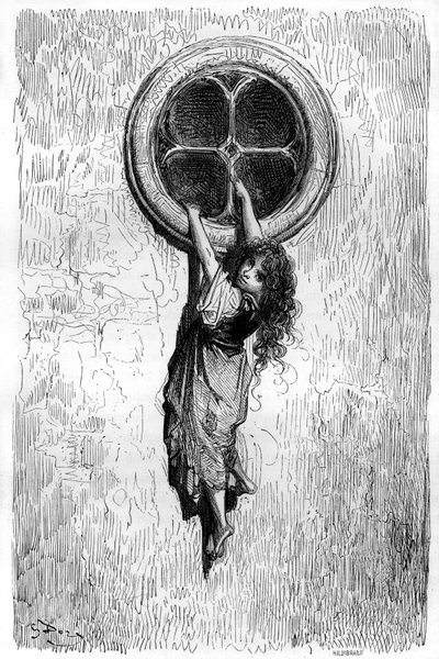 Illustration de Gustave Doré pour le roman « Le Capitaine Fracasse » de Théophile Gautier (1811-1872). Agile comme un chat et mince comme un serpent, la jeune Chiquita passe par une fenêtre pour rejoindre Isabelle prisonnière. - Gustave Dore