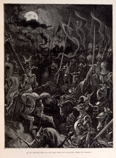 Illustration de chevaliers en bataille pendant une soirée au clair de lune - Gustave Dore
