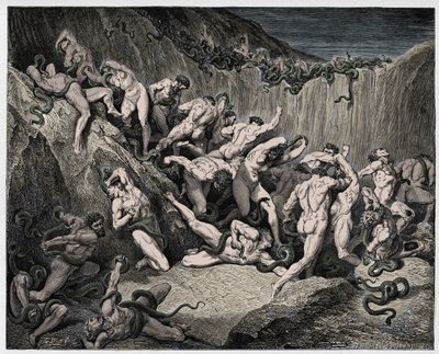 Enfer, Chant 24 : Les voleurs tourmentés par des serpents, illustration de "La Divine Comédie" de Dante Alighieri - Gustave Dore