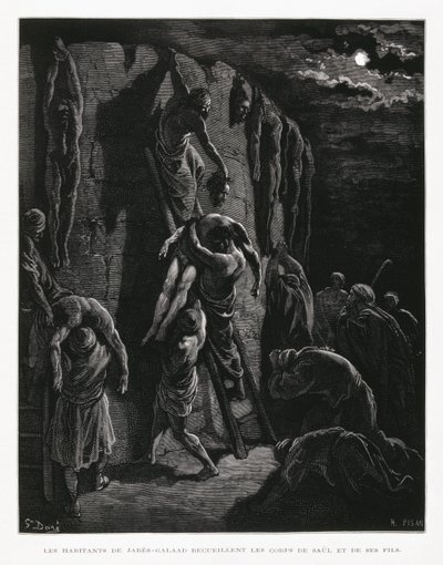Les Jabesh-Gileadites récupèrent les corps de Saül et de ses fils, Illustration de la Bible de Doré - Gustave Dore