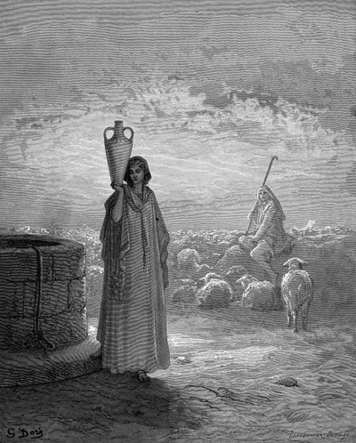 Jacob, gardant les troupeaux de Laban, voit Rachel au puits. Genèse 29. De la Bible illustrée de Gustave Doré 1866. Gravure sur bois - Gustave Dore