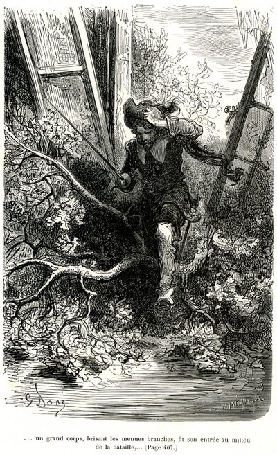Jacquemin Lampourde, le pistolet à la main, arrive à un point dans la bataille. Gravure de Gustave Doré illustrant le roman picaresque de cape et d