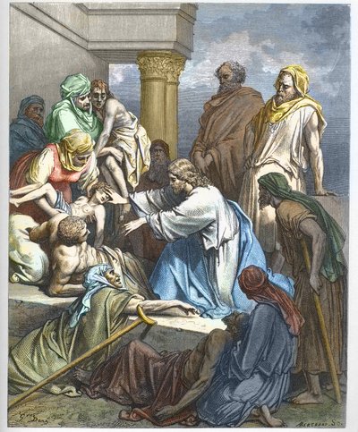 Jésus guérit les malades - gravure dans « La Bible illustrée » par Gustave Doré (1832-1883) - Gravure de « La Bible de Doré » - Gustave Dore