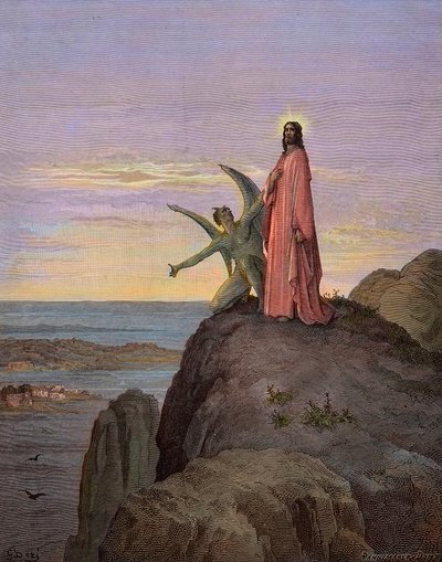 Jésus dans le désert, soumis à la tentation du diable - La tentation du Christ - Satan tenta Jésus - gravure par Gustave Doré - coloration ultérieure - Gustave Dore
