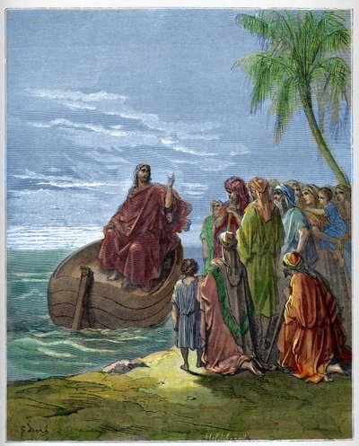 Jésus prêchant sur le lac de Génésareth (Génésareth, Ginosar ou Kinneret) (lac de Tibériade) (mer de Galilée) - gravure dans « La Bible illustrée » par Gustave Doré (1832-1883) - Gravure de « La Bible de Doré » - Gustave Dore