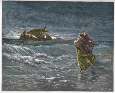 Jésus marchant sur les eaux du lac de Tibériade - Jésus marchant sur la mer - gravure dans « La Bible illustrée » par Gustave Doré (1832-1883) - Gravure de « La Bible de Doré » - Gustave Dore