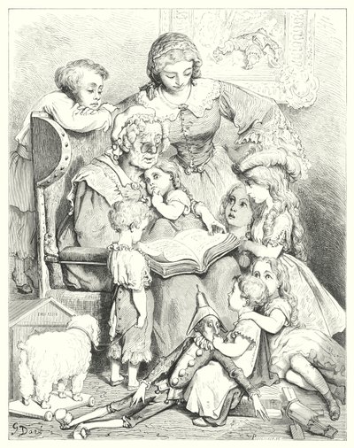 La lecture des contes en famille (gravure) - Gustave Dore