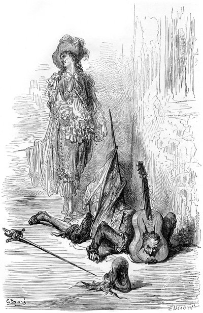 Leandre vient de casser une guitare sur la tête de Matamore, illustration pour "Capitaine Fracasse" - Gustave Dore