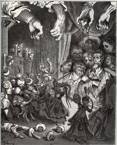 Le spectacle de marionnettes de Maese Pedro - de "Don Quichotte de la Manche" par Miguel Cervantes (1547-1616) - gravure sur bois d