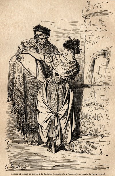 Homme et femme du peuple à la fontaine, à Carmona, village près de Séville. Croquis pris sur le vif par Gustave Doré (1832-1883). Gravure pour illustrer le voyage en Espagne, en 1862 par Charles Davillier et Gustave Doré, dans « Le tour du monde, nouveau - Gustave Dore