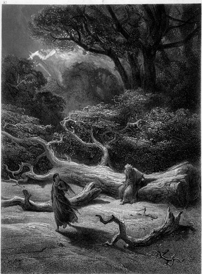 Merlin et Viviane dans la forêt de Brocéliande (Cycle des chevaliers de la Table Ronde) - dans "Viviane" par Alfred Tennyson, illustration par G. Doré - Gustave Dore