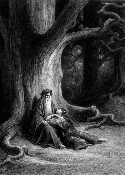 Merlin et Viviane dans la forêt de Brocéliande (Cycle des chevaliers de la Table Ronde) - dans "Viviane" par Alfred Tennyson, illustration par G. Doré - Gustave Dore