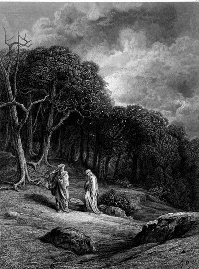 Merlin et Viviane dans la forêt de Brocéliande - dans « Viviane » par Alfred Tennyson, illustration par G. Doré - Gustave Dore