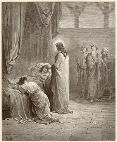 Miracle : Jésus-Christ a guéri la fille de Jaïre (Jairus ou Jaïros). Gravure de la Bible illustrée par Gustave Doré (1832-1883) - Gustave Dore