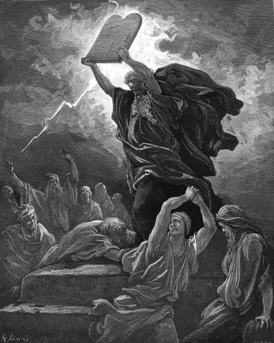 Moïse brise les tables de la loi (gravure) - Bible - Gustave Dore