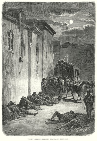 Diligence nocturne entre Gérone et Perpignan (gravure) - Gustave Dore