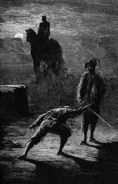 Duel nocturne au clair de lune entre le Baron de Sigognac et Jacquemin Lampourde, sous la statue équestre du Roi de Bronze. Gravure par Gustave Doré illustrant le roman de Théophile Gautier "Le Capitaine Fracasse". Édition Charpentier 1863. - Gustave Dore