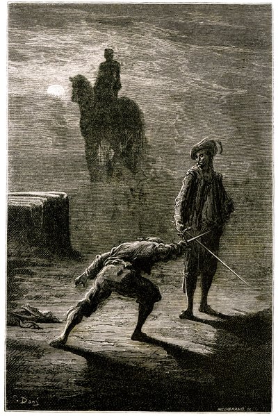 Duel nocturne au clair de lune entre le baron de Sigognac et Jacquemin Lampourde, sous la statue équestre du Roi de Bronze. Gravure de Gustave Doré illustrant le roman de Théophile Gautier « Le capitaine Fracasse », édition Charpentier 1863 - Gustave Dore