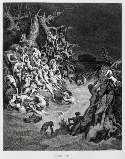 Noé et son arche échappent au grand déluge qui enveloppe la terre, Illustration de la Bible de Doré - Gustave Dore