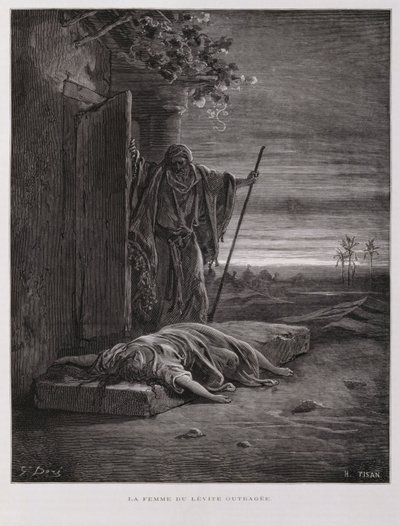 Scandale à Guibea, le Lévite emporte sa concubine morte, Illustration de la Bible de Doré - Gustave Dore