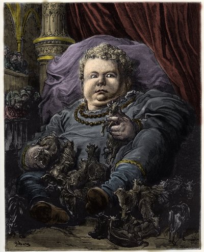 Pantagruel, fils de Gargantua, est nourri par le lait de 4600 vaches - illustration de « Gargantua et Pantagruel » par François Rabelais - gravure de Gustave Doré (1832-1883) - Gustave Dore