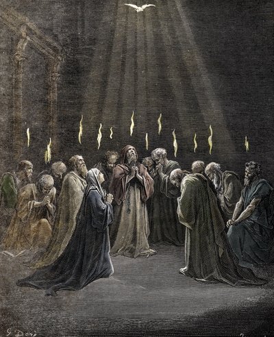 Pentecôte, descente du Saint-Esprit sur les Apôtres et autres disciples de Jésus-Christ. Gravure de Gustave Doré (1832-1883) tirée de « La Bible » Collection privée - Gustave Dore