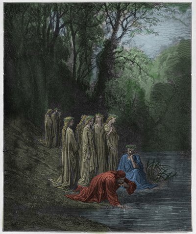 Purgatoire, Chant 33 : Dante boit de la rivière Eunoe, illustration de "La Divine Comédie" par Dante Alighieri, 1885 - Gustave Dore
