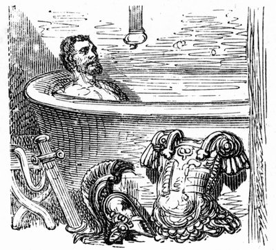 Soldat romain se baignant aux thermes de Bagnères-de-Bigorre : gravure de Gustave Doré illustrant le livre « Voyage aux Pyrénées » de Hippolyte Taine, Hachette 1860. - Gustave Dore