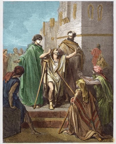 Saint Pierre et Saint Jean guérissant un boiteux - Guérison du boiteux - Saint Pierre, accompagné de Saint Jean, guérit miraculeusement un boiteux à Jérusalem - gravure dans « La Bible illustrée » par Gustave Doré (1832-1883) - Gravure de « La Bible de Dor - Gustave Dore