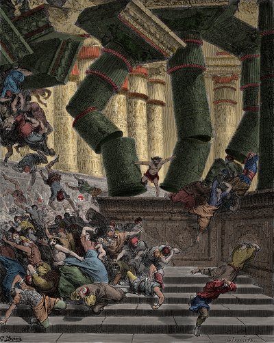 Samson détruisant le Temple de Dagon Gravure par Gustave Doré (1832-1883) - Gustave Dore